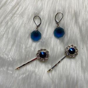 Silver and Sapphire Earrings and Hairpins Set